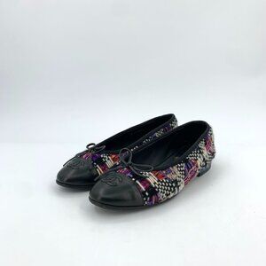 Chanel Black Leather & Multicolor Tweed Ballet Flats W/ CC Logo